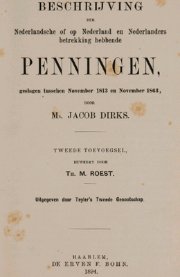 14454
          <br/>
          Beschrijving der Nederlandsche of op Nederland en Nederlanders betrekking hebbende penningen, geslagen tusschen November 1813 en November 1863 : tweede toevoegsel
          <br/>
          <em></em>